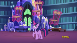 Size: 1366x768 | Tagged: safe, screencap, character:twilight sparkle, character:twilight sparkle (alicorn), species:alicorn, species:pony, episode:triple threat, g4, my little pony: friendship is magic, book, chair, library, magic, shelves, that pony sure does love chairs