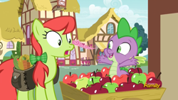 Size: 1920x1080 | Tagged: safe, screencap, character:peachy sweet, character:spike, species:dragon, episode:triple threat, g4, my little pony: friendship is magic, apple, apple cart, apple family member, carrot, discovery family logo, food, melon, ponyville, saddle bag, surprised, vegetables