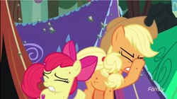 Size: 1282x720 | Tagged: safe, screencap, character:apple bloom, character:applejack, species:pony, episode:campfire tales, g4, my little pony: friendship is magic, bite mark, fly-der, fly-der bite, tent