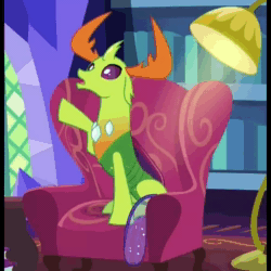 Size: 1000x1000 | Tagged: safe, screencap, character:thorax, species:changeling, species:reformed changeling, episode:triple threat, g4, my little pony: friendship is magic, adorkable, animated, chair, cute, dork, king thorax the fabulous, relaxing, sitting, sound, stretching, thorabetes, webm