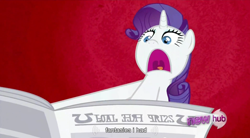 Size: 852x471 | Tagged: safe, screencap, character:rarity, species:pony, species:unicorn, episode:ponyville confidential, g4, my little pony: friendship is magic, abstract background, female, hub logo, i'll destroy her, mare, newspaper, palindrome get, solo, youtube caption