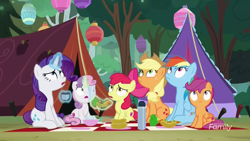 Size: 1280x720 | Tagged: safe, screencap, character:apple bloom, character:applejack, character:rainbow dash, character:rarity, character:scootaloo, character:sweetie belle, species:pegasus, species:pony, episode:campfire tales, g4, my little pony: friendship is magic, camping, carrot, carrot dog, cutie mark crusaders, discovery family logo, fly, food, forest, lantern, looking up, magic, picnic, picnic blanket, sitting, telekinesis, tent, thermos, tree