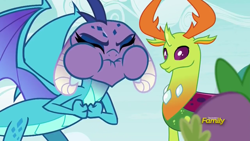 Size: 1280x720 | Tagged: safe, screencap, character:princess ember, character:spike, character:thorax, species:changeling, species:dragon, species:reformed changeling, episode:triple threat, g4, my little pony: friendship is magic, discovery family logo, dragon lord ember, puffy cheeks, red face, sweat