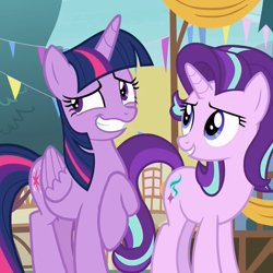 Size: 1080x1080 | Tagged: safe, screencap, character:starlight glimmer, character:twilight sparkle, character:twilight sparkle (alicorn), species:alicorn, species:pony, episode:triple threat, g4, my little pony: friendship is magic, cropped, duo, duo female, female, ponyville, raised hoof, sheepish grin, smiling