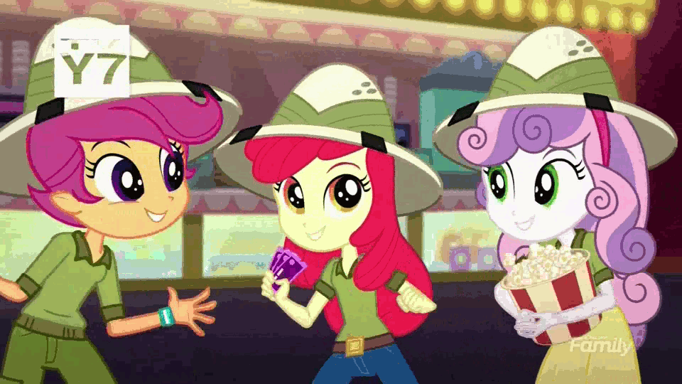 Size: 960x540 | Tagged: safe, screencap, character:apple bloom, character:scootaloo, character:sweetie belle, species:pegasus, species:pony, episode:the canterlot movie club, eqg summertime shorts, g4, my little pony:equestria girls, animated, clothing, cutie mark crusaders, food, gif, high five, popcorn, skirt, tv-y7
