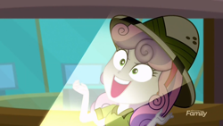 Size: 1920x1080 | Tagged: safe, screencap, character:sweetie belle, episode:the canterlot movie club, eqg summertime shorts, g4, my little pony:equestria girls, 2spooky, >:d, daring do costume, evil grin, flashlight (object), making faces with a flashlight, pure unfiltered evil, smiling, solo