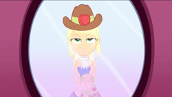 Size: 1136x640 | Tagged: safe, screencap, character:applejack, episode:make up shake up, eqg summertime shorts, g4, my little pony:equestria girls, bored, clothing, fall formal outfits, female, flower, hat, mirror, offscreen character, pov, rose, scarf