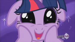 Size: 1280x720 | Tagged: safe, screencap, character:twilight sparkle, episode:the crystal empire, g4, my little pony: friendship is magic, cute, dashface, dilated pupils, eyes on the prize, floppy ears, hub logo, open mouth, smiling, solo, sparkles, squishy, squishy cheeks