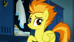 Size: 1280x720 | Tagged: safe, screencap, character:spitfire, species:pegasus, species:pony, episode:newbie dash, episode:top bolt, g4, my little pony: friendship is magic, cute, cutefire, female, locker room, mare, solo