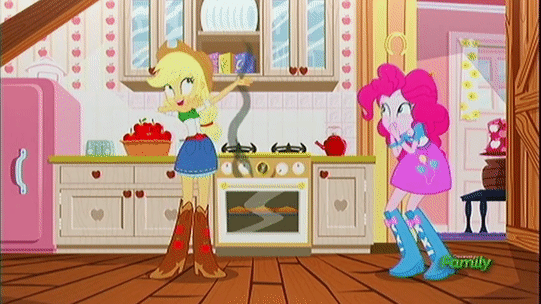 Size: 541x304 | Tagged: safe, screencap, character:applejack, character:pinkie pie, episode:epic fails, eqg summertime shorts, g4, my little pony:equestria girls, animated, applejack's house, burning, gif, house, kitchen, laughing, oven, smoke, stove, waving