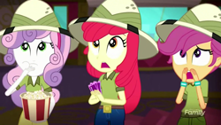Size: 1280x720 | Tagged: safe, screencap, character:apple bloom, character:scootaloo, character:sweetie belle, species:pegasus, species:pony, episode:the canterlot movie club, eqg summertime shorts, g4, my little pony:equestria girls, cinema, clothing, cutie mark crusaders, eating, food, hat, popcorn, terrified, ticket