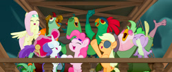 Size: 2048x858 | Tagged: safe, screencap, character:applejack, character:boyle, character:fluttershy, character:lix spittle, character:mullet, character:murdock, character:pinkie pie, character:rarity, character:spike, species:dragon, species:pony, my little pony: the movie (2017), clothing, hat, parrot pirates, pirate, pirate hat