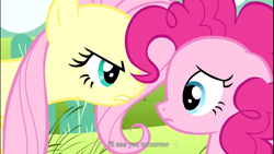Size: 1366x768 | Tagged: safe, screencap, character:fluttershy, character:pinkie pie, species:earth pony, species:pegasus, species:pony, episode:putting your hoof down, g4, my little pony: friendship is magic, duo, duo female, female, flutterbitch, mare, youtube caption
