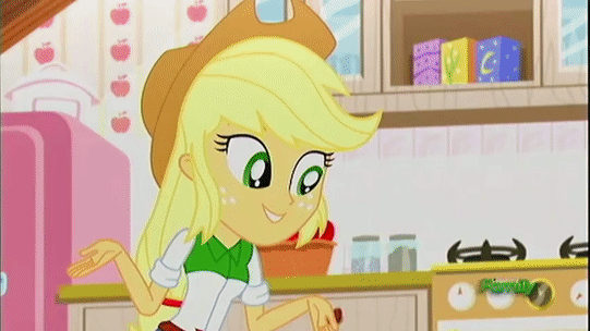 Size: 541x304 | Tagged: safe, screencap, character:applejack, character:pinkie pie, episode:epic fails, eqg summertime shorts, g4, my little pony:equestria girls, animated, applejack's house, clothing, cute, diapinkes, discovery family logo, gif, house, kitchen, laughing, solo, talking