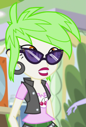 Size: 481x710 | Tagged: safe, screencap, character:cherry crash, equestria girls:mirror magic, g4, my little pony:equestria girls, background human, cherry crash, clothing, cropped, cute, ear piercing, earring, jewelry, lipstick, piercing, sunglasses, vest
