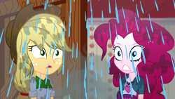 Size: 1920x1080 | Tagged: safe, screencap, character:applejack, character:pinkie pie, episode:epic fails, eqg summertime shorts, g4, my little pony:equestria girls, duo, makeup, running makeup, wet