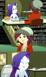 Size: 1920x3240 | Tagged: safe, screencap, character:normal norman, character:rarity, episode:epic fails, eqg summertime shorts, g4, my little pony:equestria girls, book, food, library, sandwich, smiling, spinach
