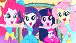 Size: 1136x640 | Tagged: safe, screencap, character:applejack, character:fluttershy, character:pinkie pie, character:rainbow dash, character:rarity, character:twilight sparkle, episode:a photo booth story, eqg summertime shorts, g4, my little pony:equestria girls, :d, clothing, cute, dress, faec, fall formal outfits, happy, looking at you, mane six, open mouth, photography, smiling
