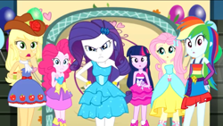 Size: 1136x640 | Tagged: safe, screencap, character:applejack, character:fluttershy, character:pinkie pie, character:rainbow dash, character:rarity, character:twilight sparkle, episode:a photo booth story, eqg summertime shorts, g4, my little pony:equestria girls, angry, arm behind back, balloon, boots, bracelet, clothing, fall formal outfits, flower, hat, jewelry, mane six, rose, shoes