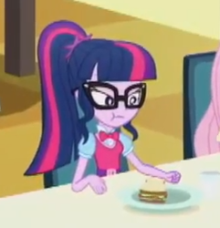 Size: 280x290 | Tagged: safe, screencap, character:twilight sparkle, character:twilight sparkle (scitwi), species:eqg human, episode:epic fails, eqg summertime shorts, g4, my little pony:equestria girls, cropped, eating, food, sandwich