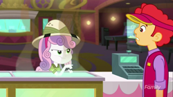 Size: 1280x720 | Tagged: safe, screencap, character:sweetie belle, episode:the canterlot movie club, eqg summertime shorts, g4, my little pony:equestria girls, background human, cinema, clothing, discovery family logo, eating, hat