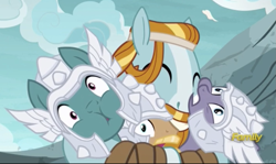 Size: 1105x657 | Tagged: safe, screencap, character:rockhoof, character:sun cross, species:pony, episode:campfire tales, g4, my little pony: friendship is magic, cropped, discovery family logo, group hug, hug, mighty helm, unnamed pony
