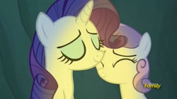Size: 1651x926 | Tagged: safe, screencap, character:rarity, character:sweetie belle, species:pony, episode:campfire tales, g4, my little pony: friendship is magic, best sisters, discovery family logo, sweetielove