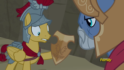 Size: 1920x1080 | Tagged: safe, screencap, character:flash magnus, species:pegasus, species:pony, episode:campfire tales, g4, my little pony: friendship is magic, armor, beard, captain ironhead, discovery family logo, duo, facial hair, helmet, male, netitus, royal legion, shield, stallion