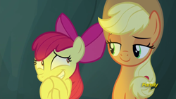 Size: 1920x1080 | Tagged: safe, screencap, character:apple bloom, character:applejack, species:earth pony, species:pony, episode:campfire tales, g4, my little pony: friendship is magic, amused, cave, covering mouth, discovery family logo, duo, female, filly, foal, hair bow, looking at each other, mare, ponytail, raised eyebrow, siblings, sisters, smiling, smirk, smugjack