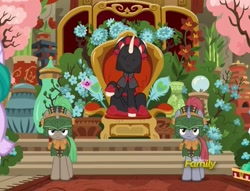 Size: 1005x767 | Tagged: safe, screencap, character:sable spirit, species:pony, species:unicorn, episode:campfire tales, g4, my little pony: friendship is magic, armor, asian, cropped, discovery family logo, empress, female, flower, guard, mare, mistmane's flower, throne