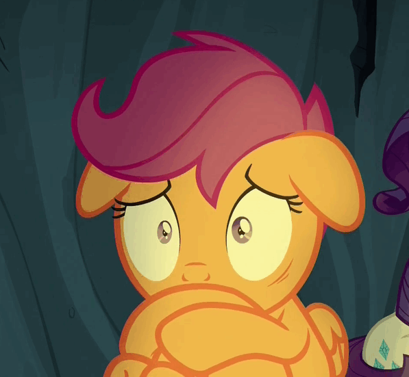 Size: 597x551 | Tagged: safe, screencap, character:rarity, character:scootaloo, species:pegasus, species:pony, species:unicorn, episode:campfire tales, g4, my little pony: friendship is magic, animated, anxiety, female, filly, floppy ears, gif, mare, rocking, scared, shivering, sitting, solo focus, underhoof, wide eyes