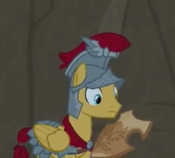 Size: 799x720 | Tagged: safe, screencap, character:flash magnus, species:pegasus, species:pony, episode:campfire tales, g4, my little pony: friendship is magic, armor, cropped, helmet, male, netitus, royal legion, shield, solo, stallion, wings