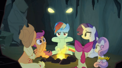Size: 1366x768 | Tagged: safe, screencap, character:apple bloom, character:applejack, character:dragon lord torch, character:rainbow dash, character:rarity, character:scootaloo, character:sweetie belle, species:dragon, species:pegasus, species:pony, episode:campfire tales, g4, my little pony: friendship is magic, cave, cutie mark crusaders, discovery family logo, dragon lord, eye, eyes, freeze frame, gravity falls