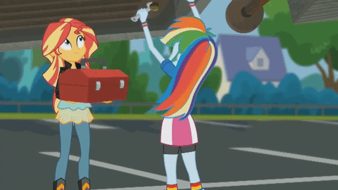 Size: 480x270 | Tagged: safe, screencap, character:rainbow dash, character:sunset shimmer, episode:get the show on the road, eqg summertime shorts, g4, my little pony:equestria girls, animated, boots, clothing, cropped, dirty, gif, oil, rainbow dash is not amused, shoes, unamused, unimpressed, wrench