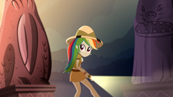 Size: 1920x1080 | Tagged: safe, screencap, character:rainbow dash, episode:leaping off the page, eqg summertime shorts, g4, my little pony:equestria girls, clothing, female, flashlight (object), legs, midriff, skirt, solo, statue