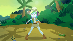 Size: 1920x1080 | Tagged: safe, screencap, character:rainbow dash, episode:leaping off the page, eqg summertime shorts, g4, my little pony:equestria girls, belt, boots, clothing, crown, hat, jewelry, legs, midriff, pith helmet, regalia, shoes, short shirt, skirt, solo