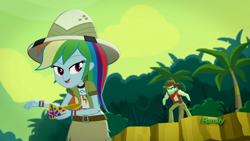 Size: 1920x1080 | Tagged: safe, screencap, character:rainbow dash, episode:leaping off the page, eqg summertime shorts, g4, my little pony:equestria girls, angry, clothing, crown, hat, jewelry, midriff, pith helmet, regalia, short shirt, skirt, slingshot (character)