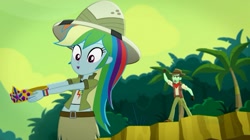 Size: 1365x767 | Tagged: safe, screencap, character:rainbow dash, episode:leaping off the page, eqg summertime shorts, g4, my little pony:equestria girls, clothing, midriff, short shirt, skirt, slingshot (character)