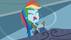 Size: 1920x1080 | Tagged: safe, screencap, character:rainbow dash, episode:leaping off the page, eqg summertime shorts, g4, my little pony:equestria girls, book, boots, clothing, compression shorts, eyes closed, panic, shoes, socks, solo