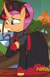 Size: 616x942 | Tagged: safe, screencap, character:sable spirit, species:pony, species:unicorn, episode:campfire tales, g4, my little pony: friendship is magic, clothing, cropped, curved horn, discovery family logo, empress, female, horn, mare, solo