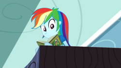 Size: 1280x720 | Tagged: safe, screencap, character:rainbow dash, episode:leaping off the page, eqg summertime shorts, g4, my little pony:equestria girls, book, bookshelf, looking down, rainbow dash's house
