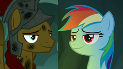 Size: 1280x720 | Tagged: safe, screencap, character:flash magnus, character:rainbow dash, species:pony, episode:campfire tales, g4, my little pony: friendship is magic, comparison, duo, singed