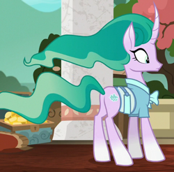 Size: 480x472 | Tagged: safe, screencap, character:mistmane, species:pony, episode:campfire tales, g4, my little pony: friendship is magic, clothing, cropped, curved horn, plot, solo