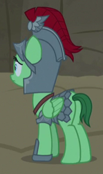 Size: 229x383 | Tagged: safe, screencap, character:verdigris, species:pegasus, species:pony, episode:campfire tales, g4, my little pony: friendship is magic, armor, background pony, cropped, female, helmet, mare, plot, royal legion, solo