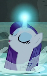 Size: 220x358 | Tagged: safe, screencap, character:rarity, species:pony, species:unicorn, episode:campfire tales, g4, my little pony: friendship is magic, cropped, eyes closed, female, glow, glowing horn, majestic, mare, open mouth, solo, wet, wet mane, wet mane rarity