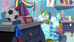 Size: 1280x720 | Tagged: safe, screencap, character:rainbow dash, episode:leaping off the page, eqg summertime shorts, g4, my little pony:equestria girls, bedroom, boots, clothing, cup, drink, egghead, football, guitar, messy, picture, poster, reading, scarf, shoes, skirt