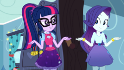 Size: 1280x720 | Tagged: safe, screencap, character:rarity, character:twilight sparkle, character:twilight sparkle (scitwi), species:eqg human, episode:leaping off the page, eqg summertime shorts, g4, my little pony:equestria girls, bedroom, belt, bow tie, bracelet, clothing, confused, glasses, jewelry, medal, ponytail, shrug, skirt, wardrobe
