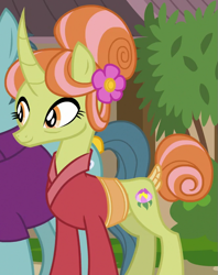 Size: 665x840 | Tagged: safe, screencap, character:floating lotus, character:morning fog, species:pony, species:unicorn, episode:campfire tales, g4, my little pony: friendship is magic, background pony, bags under eyes, clothing, cropped, curved horn, cutie mark, female, flower, flower in hair, hair bun, male, mane bun, mare, proud, smiling, solo focus, stallion, tail bun