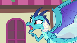 Size: 1280x720 | Tagged: safe, screencap, character:princess ember, species:dragon, episode:triple threat, g4, my little pony: friendship is magic, misunderstanding, pointing, raised eyebrow, solo
