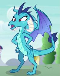 Size: 429x542 | Tagged: safe, screencap, character:princess ember, character:twilight sparkle, character:twilight sparkle (alicorn), species:alicorn, species:dragon, species:pony, episode:triple threat, g4, my little pony: friendship is magic, angry, claws, cropped, dragoness, ember is not amused, female, furious, glare, hands on hip, horns, insulted, looking at someone, looking down, mare, open mouth, solo focus, spread wings, talking, toes, wings